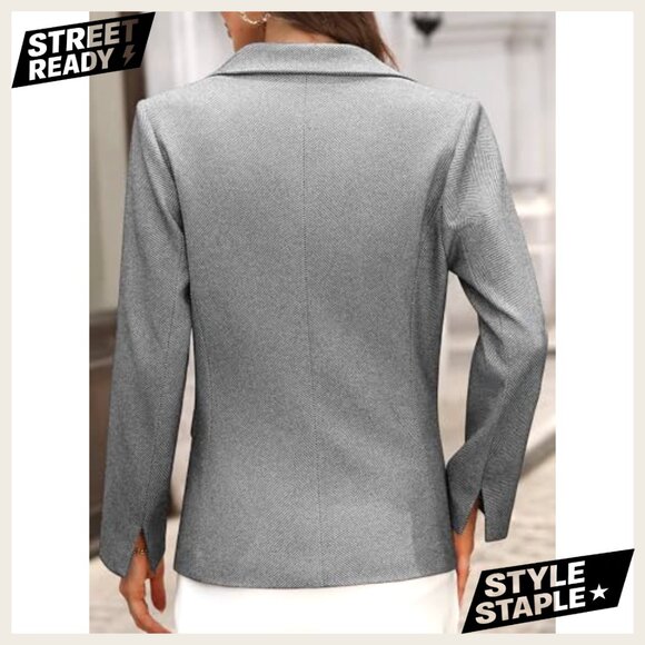 Slim Fit Herringbone Tweed Blazer with Flap Pockets for Business Casual - Picture 2 of 7